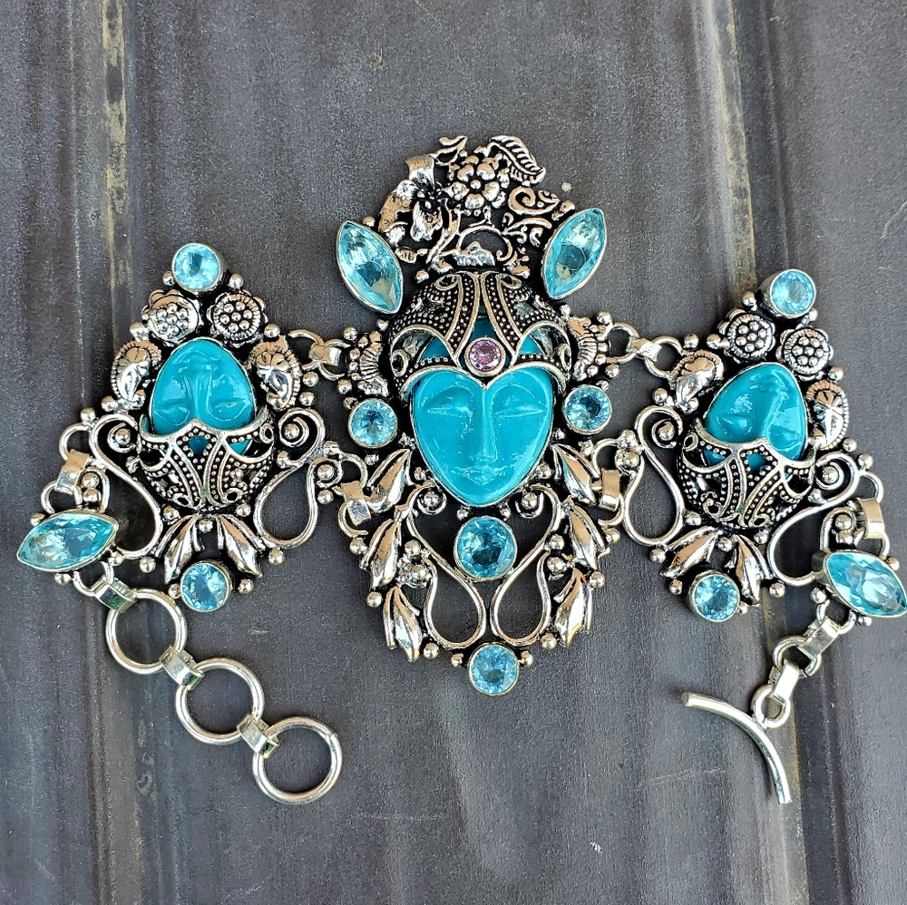 New 3 Carved Goddess Face Blue Topaz 925 Silver Bracelet.